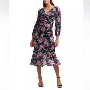 GUESS Floral Midi Dress Ruched Long Sleeve V Neck Party Cocktail Black
